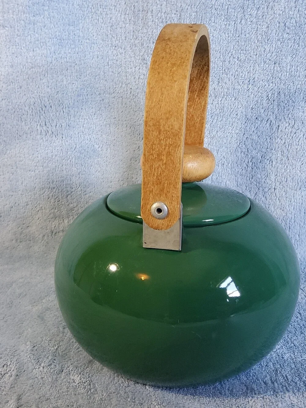 Vintage Enamelware Knob Teapot Kettle Teak Wood Handle Green Unbranded